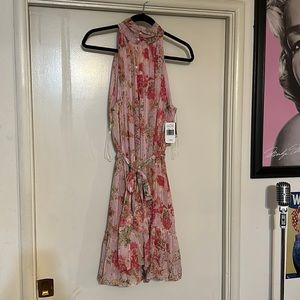 Pink floral sleeveless turtleneck dress